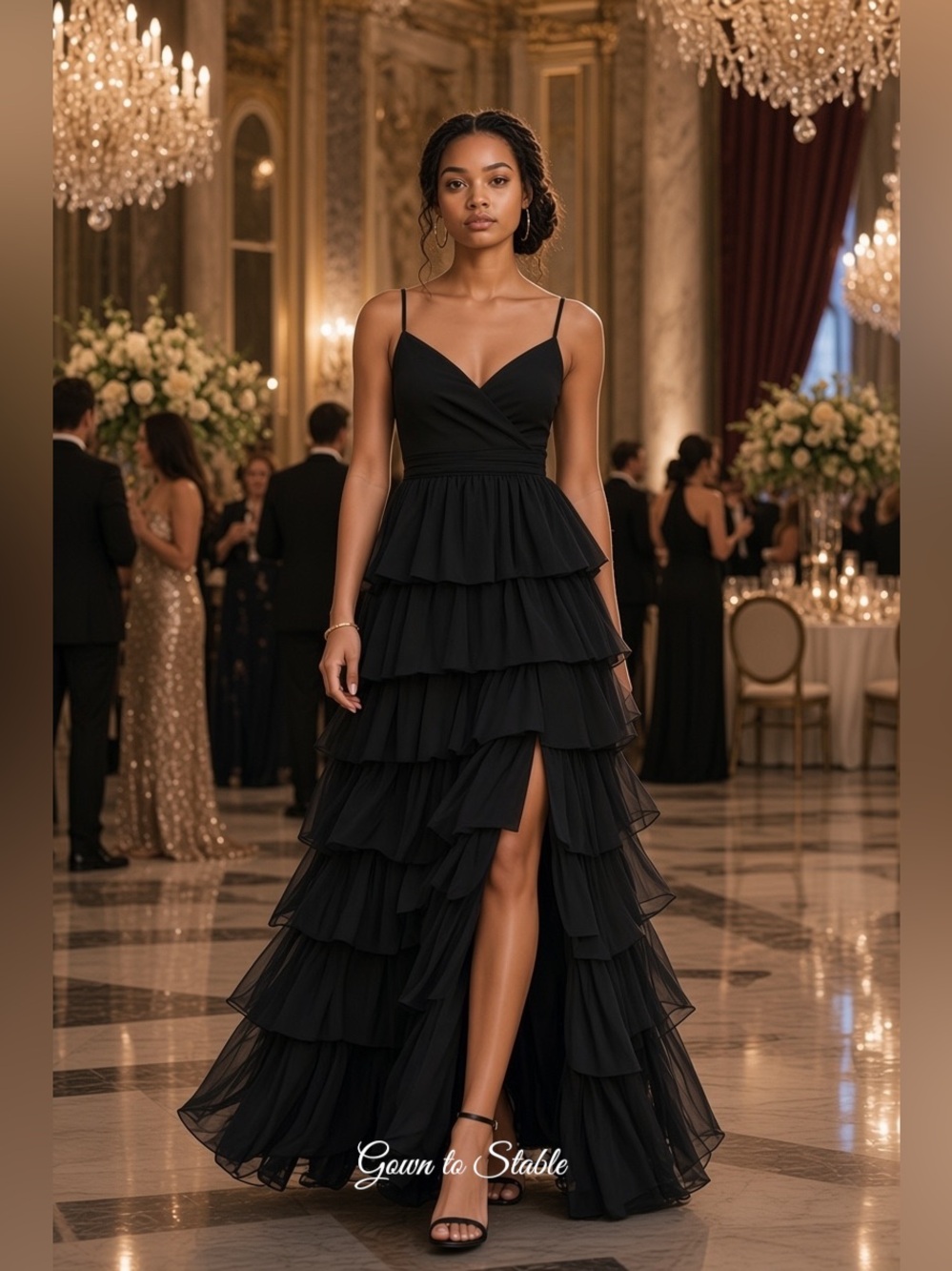 Mac Duggal by Ieena 55416 Black V-Neck Gown with Ruffled Skirt